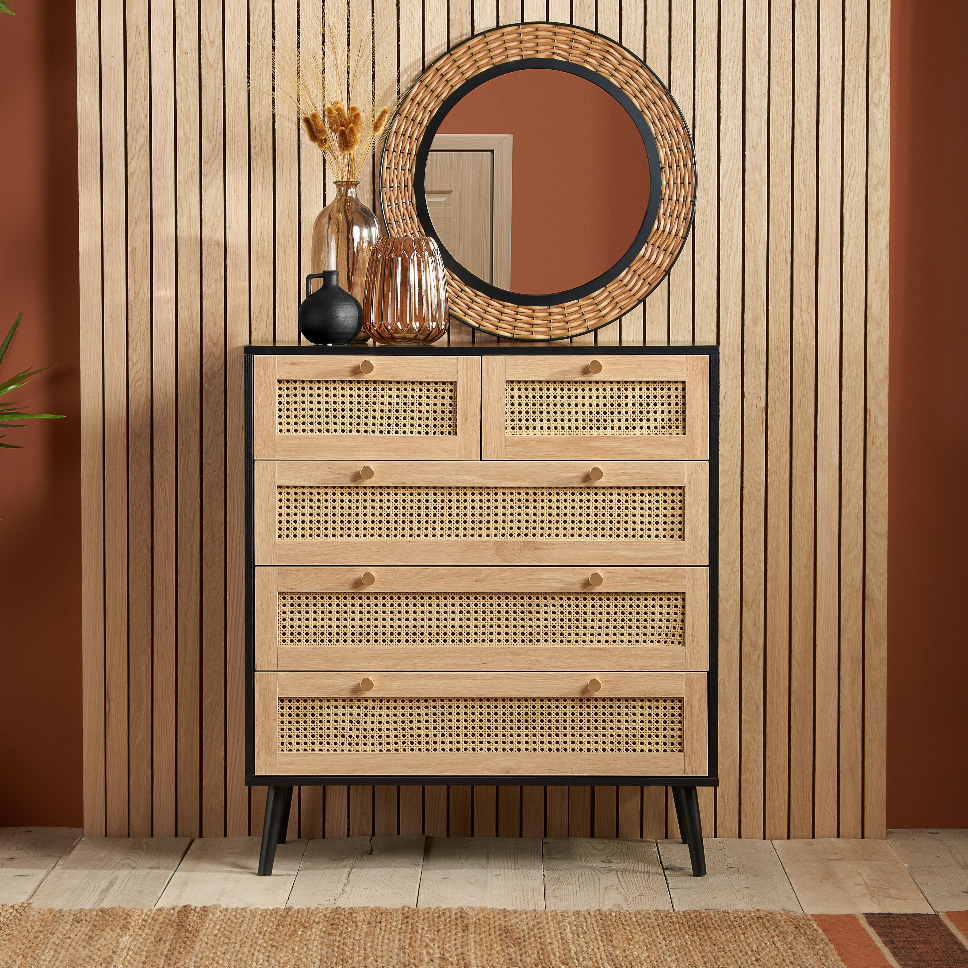 Birlea Croxley Chest of 5 Drawers Rattan Croxley Mid Century Modern in Black