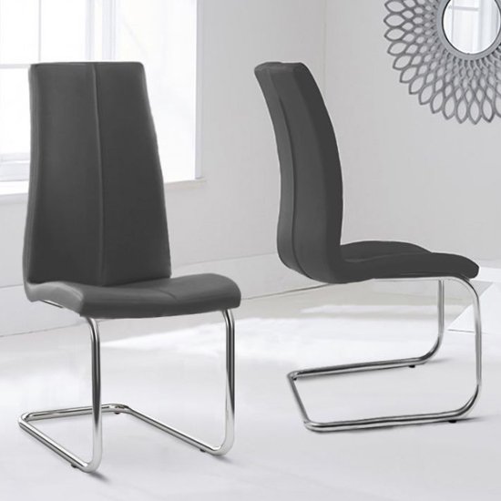 Naos Grey PU Leather Dining Chairs With Hooped Leg In Pair