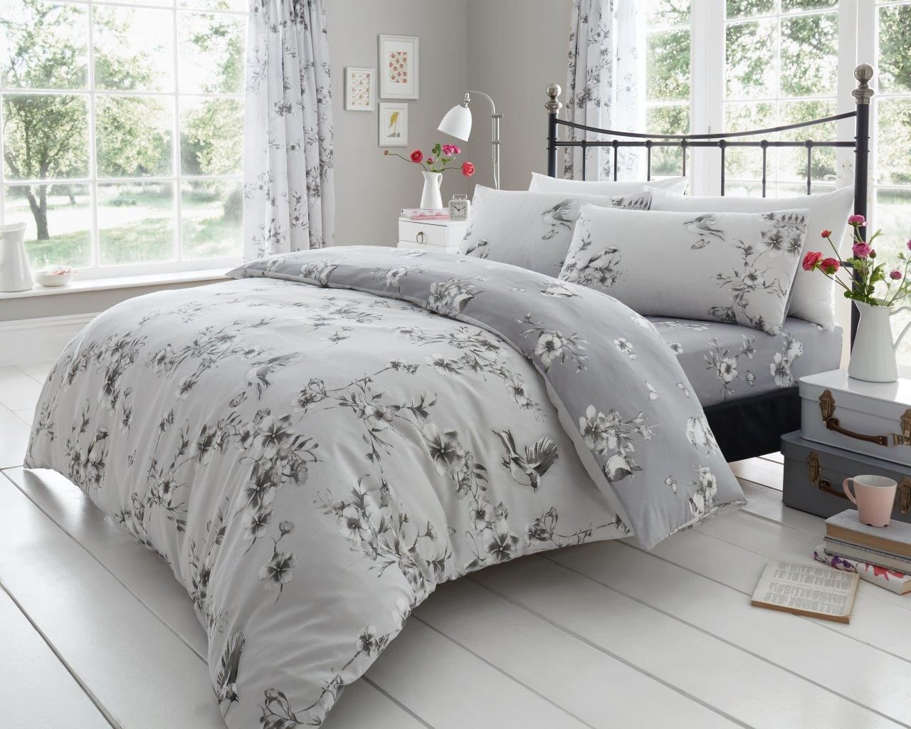 Smart Living Printed Polycotton Birdie Blossom Duvet Cover With Pillowcases in Grey