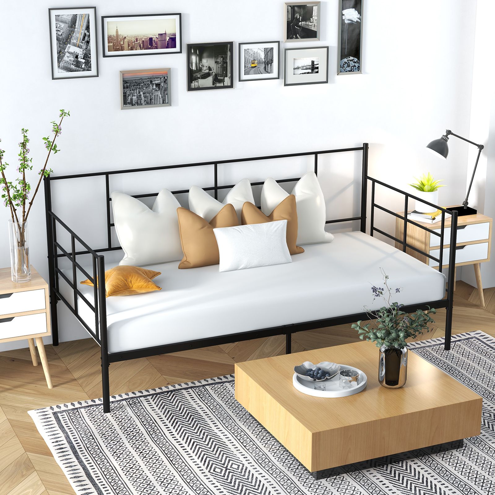Costway Single Size Metal Sofa Bed Single Platform Bed Daybed with Arms & Back in Black