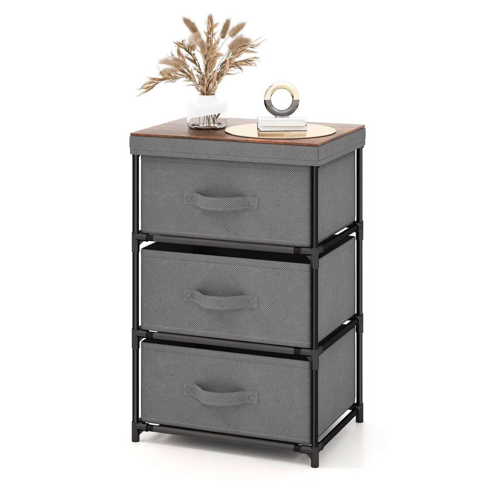 Costway 3 Chests of Drawers 3-Tier Nightstand Organizer Fabric Dresser with Metal Frame in Grey
