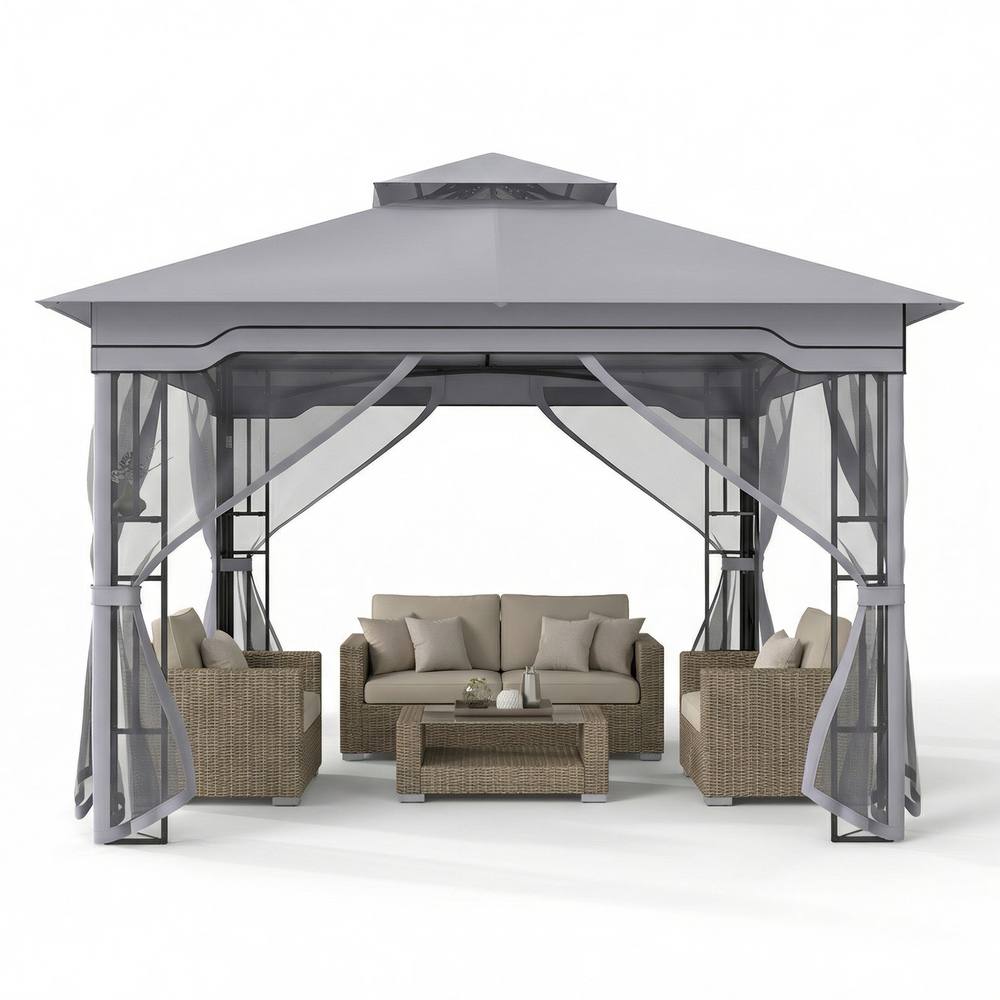 Costway 3.3 x 3.3 M Double Roof Soft Top Patio Gazebo w/ Zippered Mesh Netting in Grey