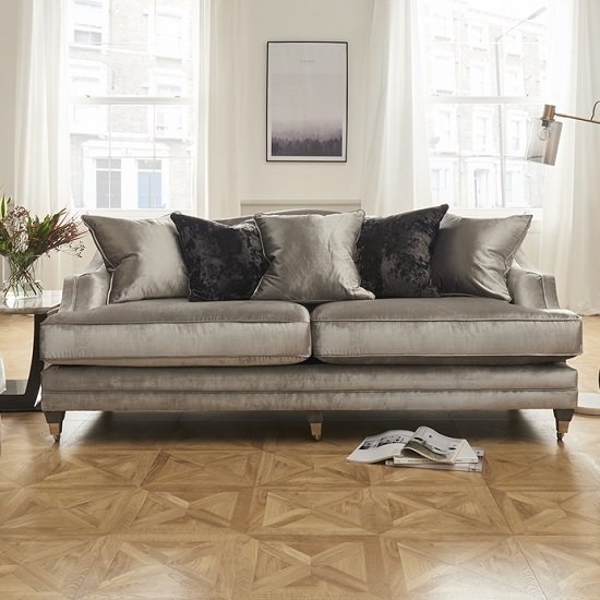 Preston 4 Seater Sofa In Pewter Velvet With Dark Wooden Legs