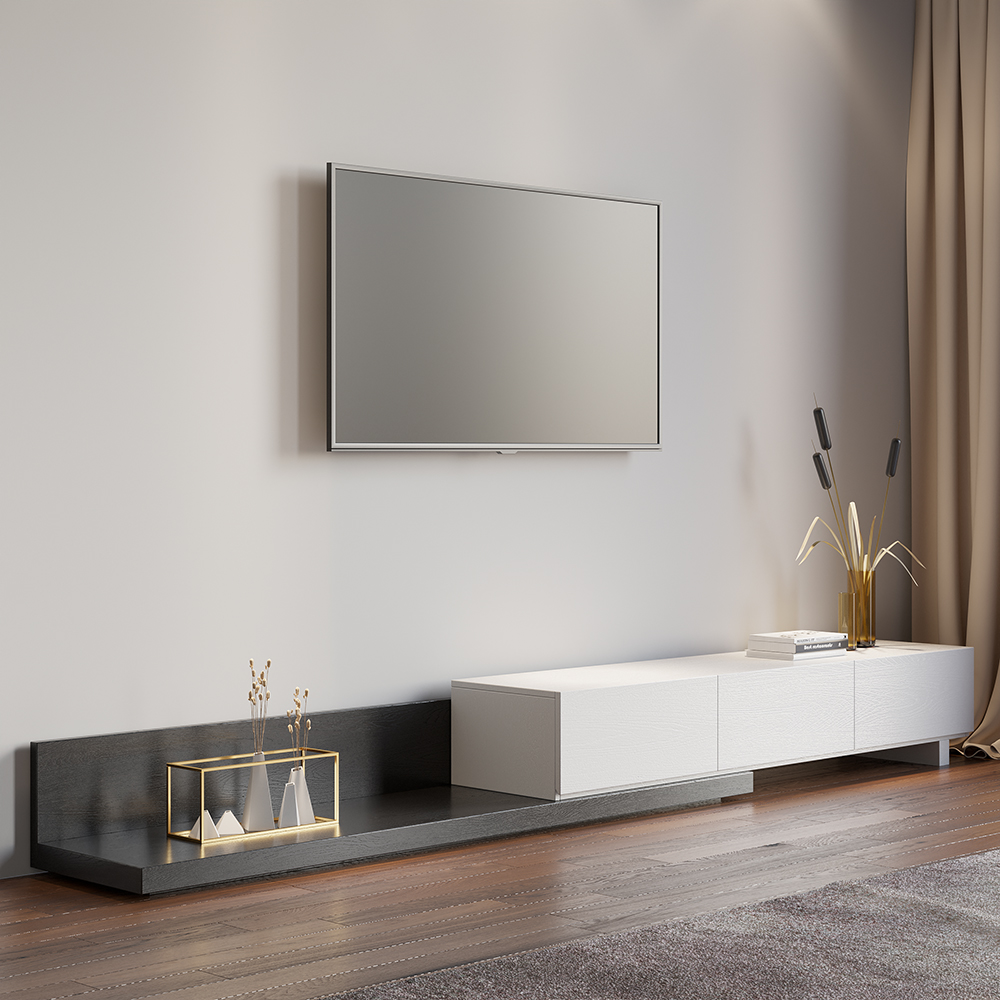 Extendable Floor White & Black TV Stand with 3 Drawers