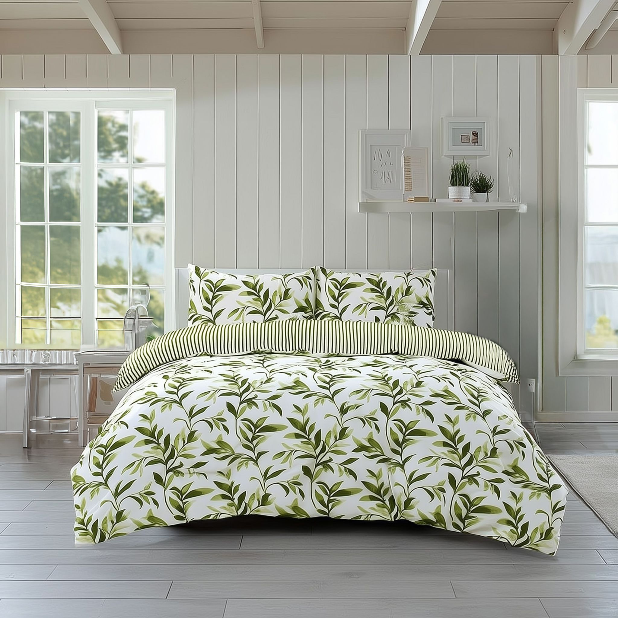 Snug City Duvet Cover & Pillowcase Set Reversible Leaf & Stripe Design Polycotton Bed Linen in Green