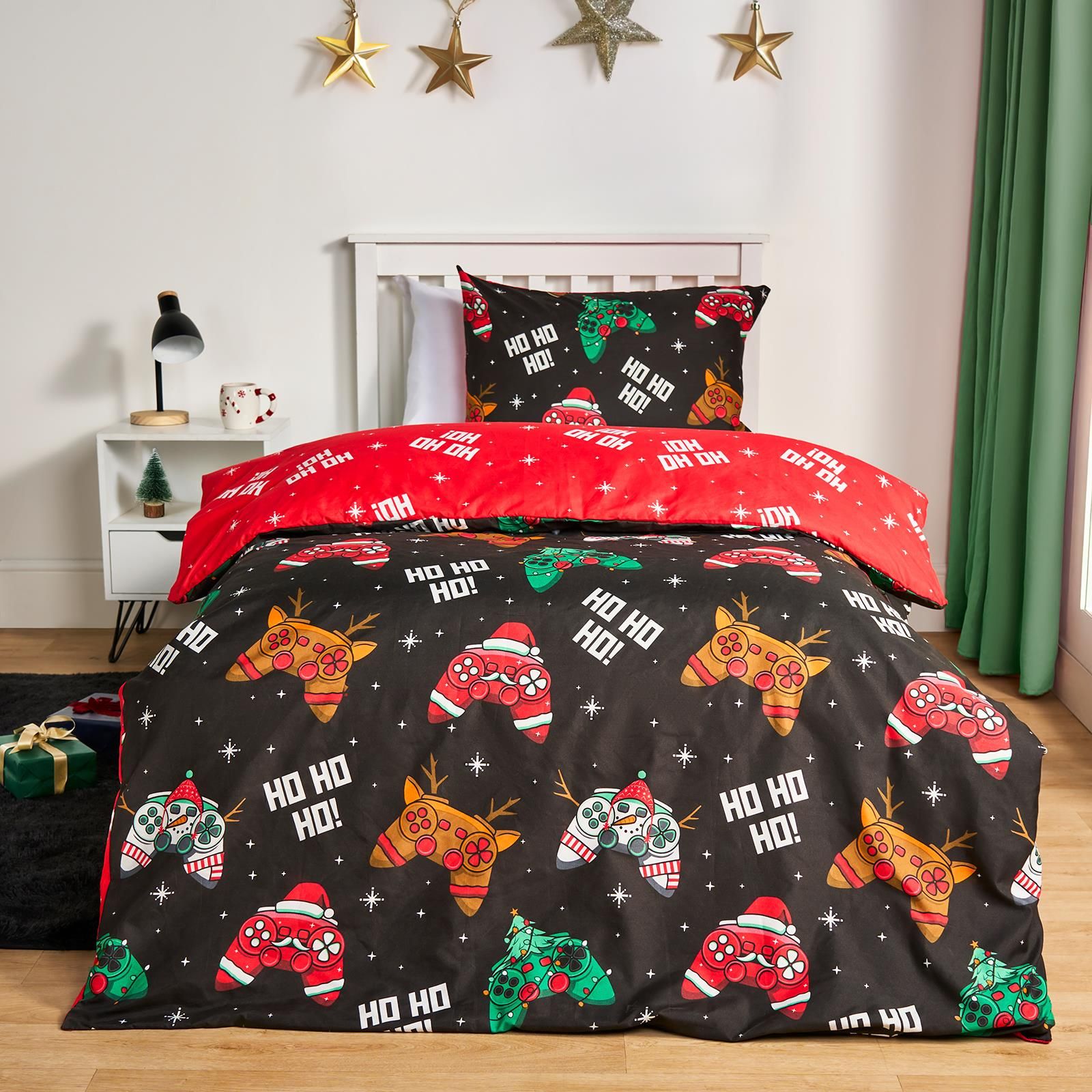 OHS Xmas Gaming Bedding Set Reversible Duvet Cover with Pillowcase in Black