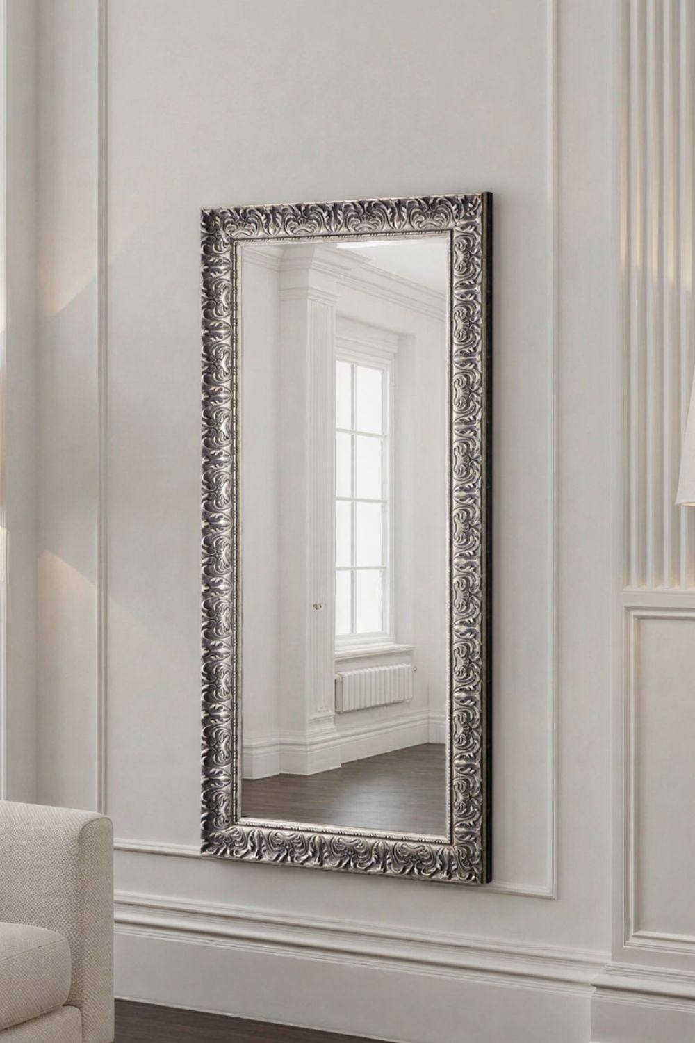 Yearn Mirrors Carved Framed Bevelled Tall Mirror Silver 138x62cm