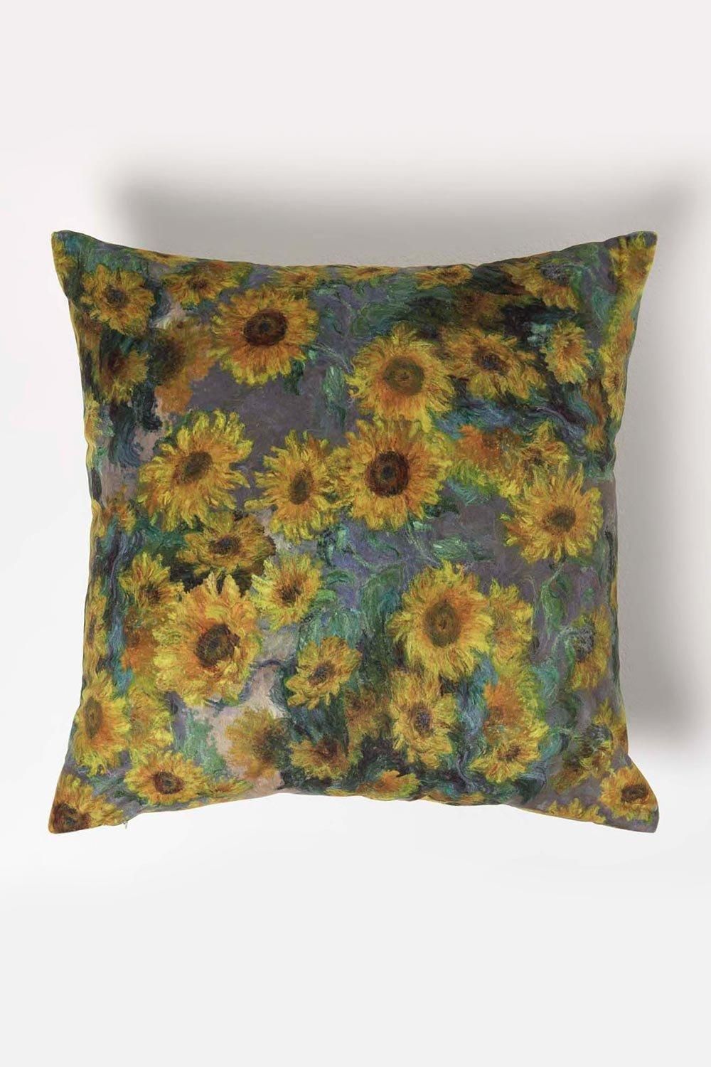 Homescapes Van Gogh Sunflowers Filled Velvet Cushion 46 x 46 cm in Taupe
