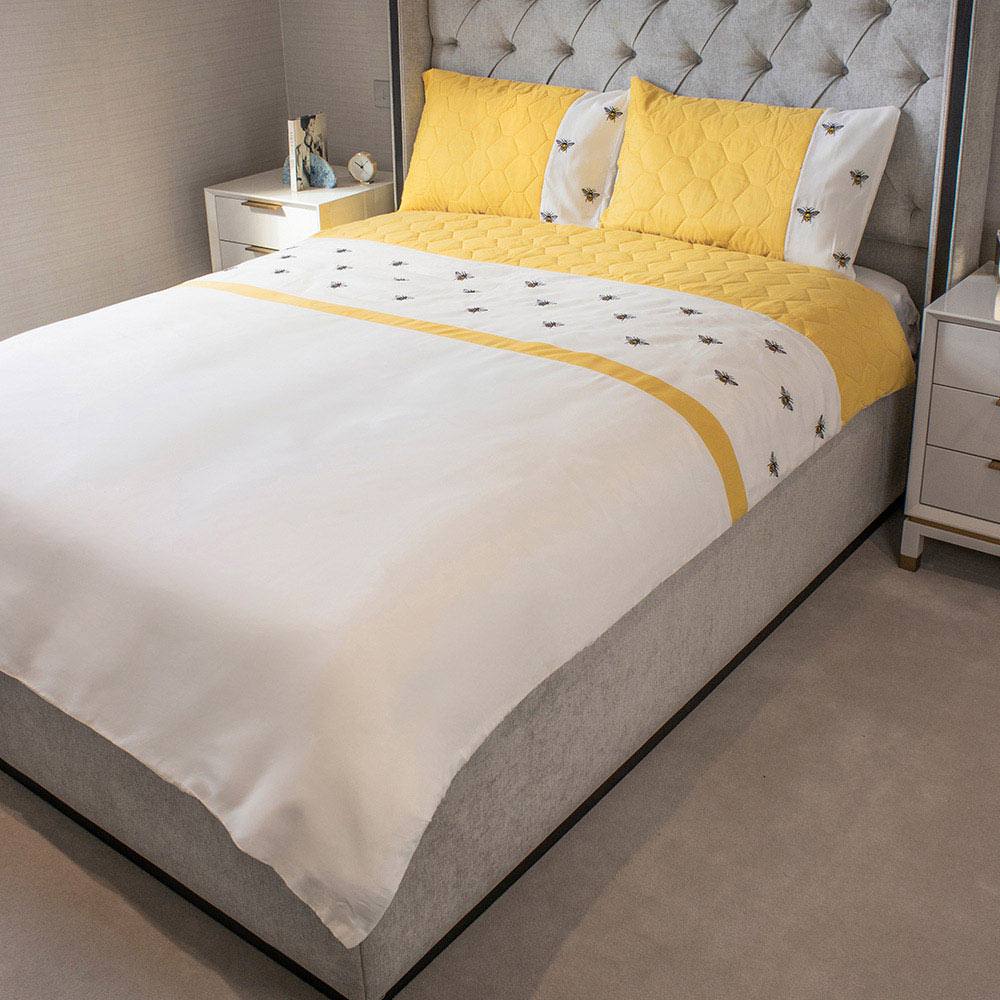 Voltico Embroidery Bee Duvet Cover & Bedspread Collection - Single to King in Bright Yellow