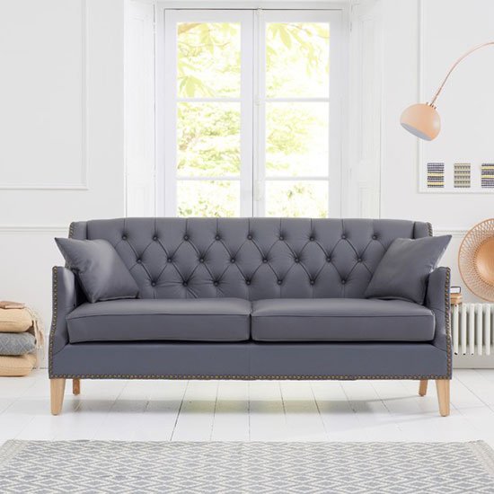 Kosmo 3 Seater Sofa In Grey Leather With Natural Ash Legs