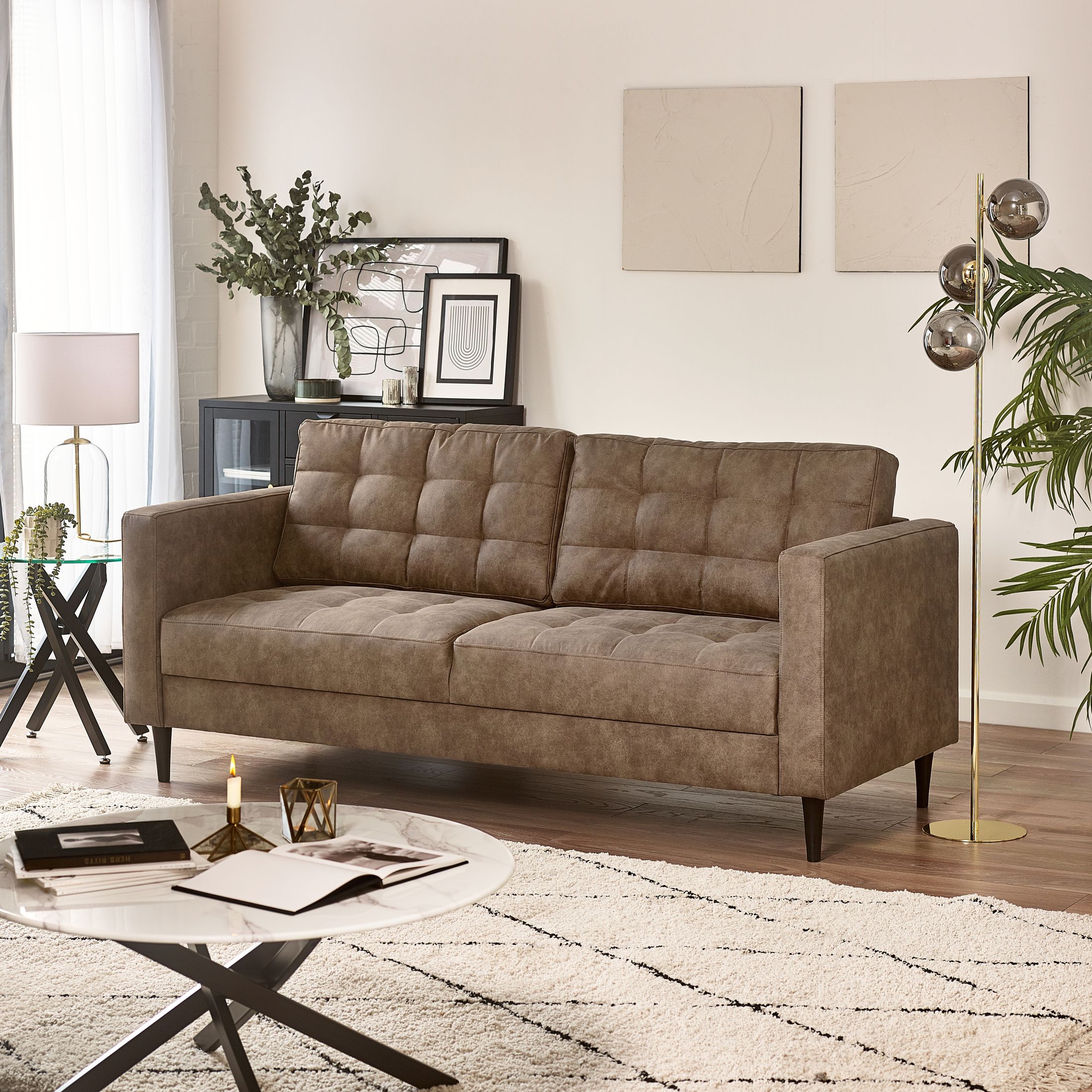 FurnitureboxUK Jade Brown Faux Leather 3 Seater Sofa