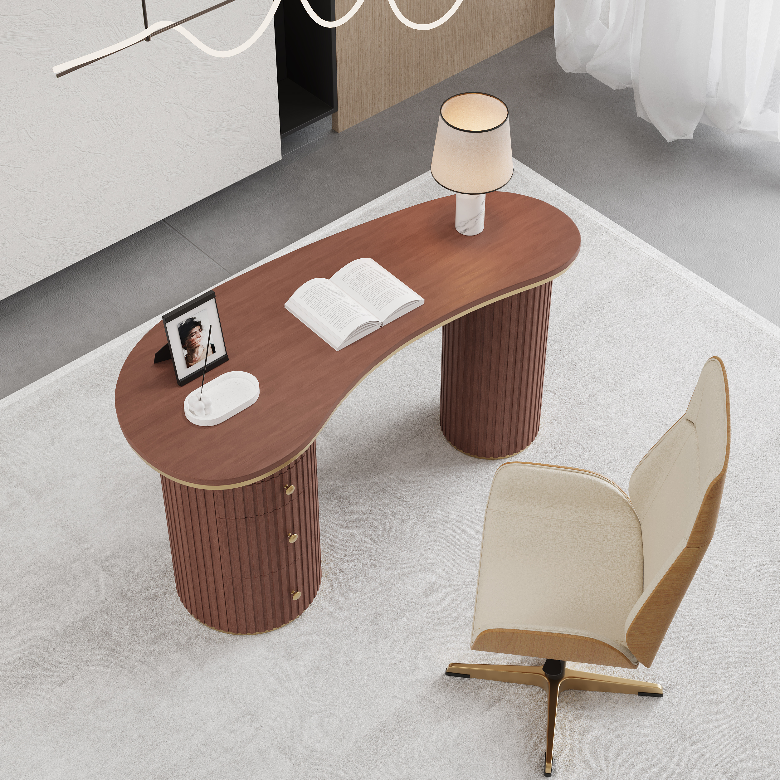 1400mm Modern Walnut Curved Desk 3-Drawer Wooden Home Office Desk Double Pedestal