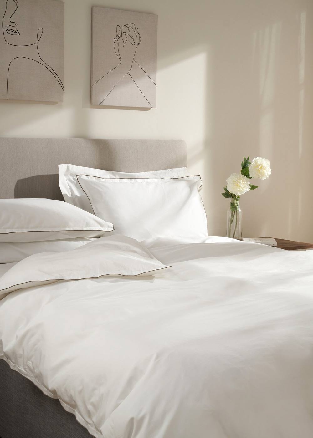 Truly White & Mushroom Embroidered Edge Duvet Cover