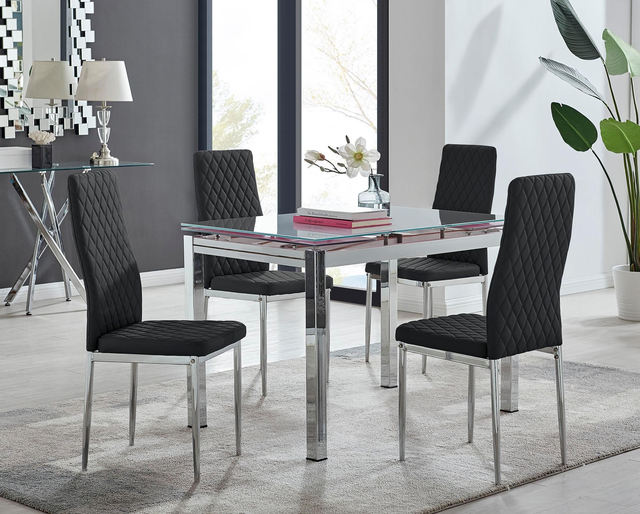 FurnitureboxUK Enna White Glass Extending 4-6 Seater Dining Table & 4 Milan Faux Leather Chairs in Black