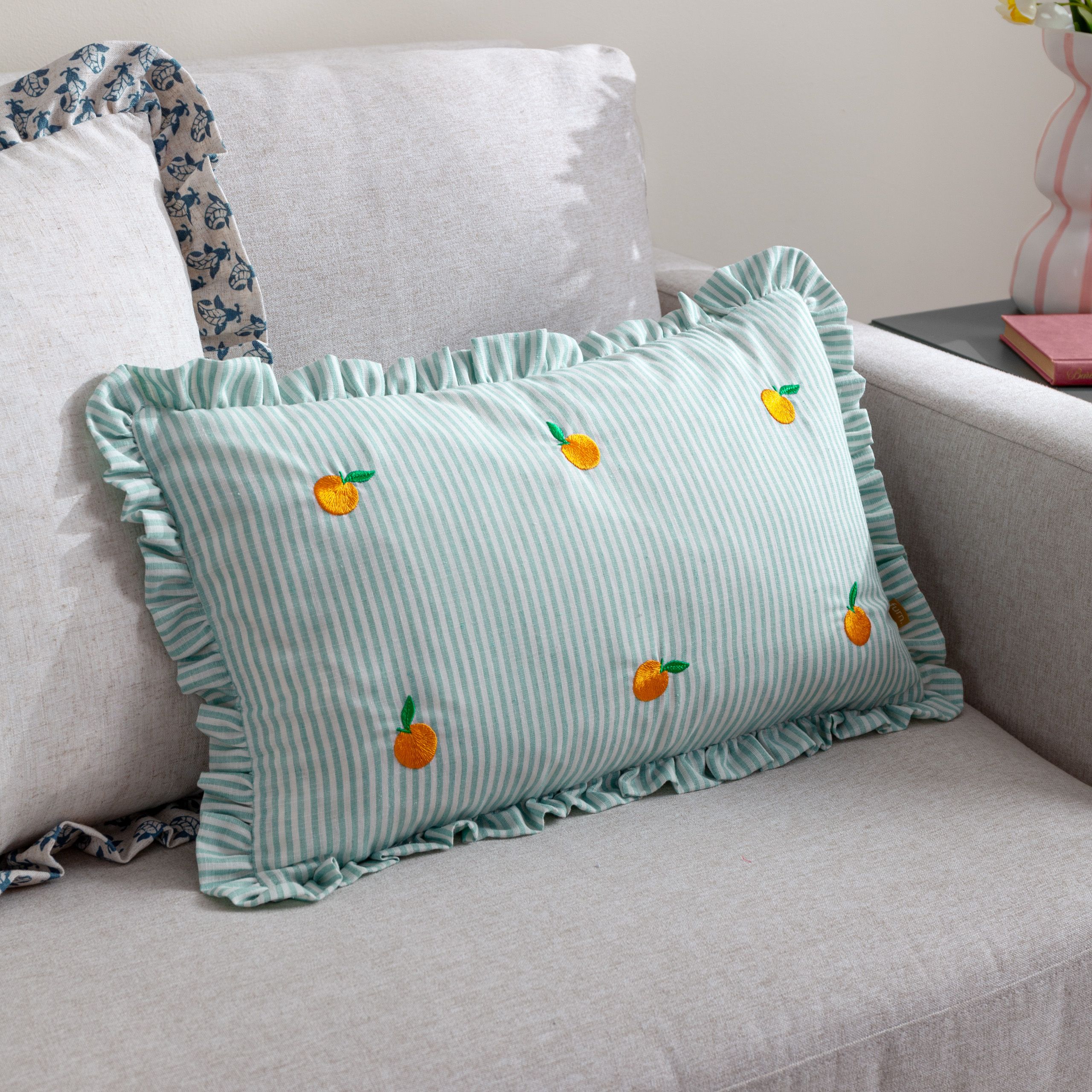 Furn Les Fruites Embroidered Ruffle Cushion in Blue