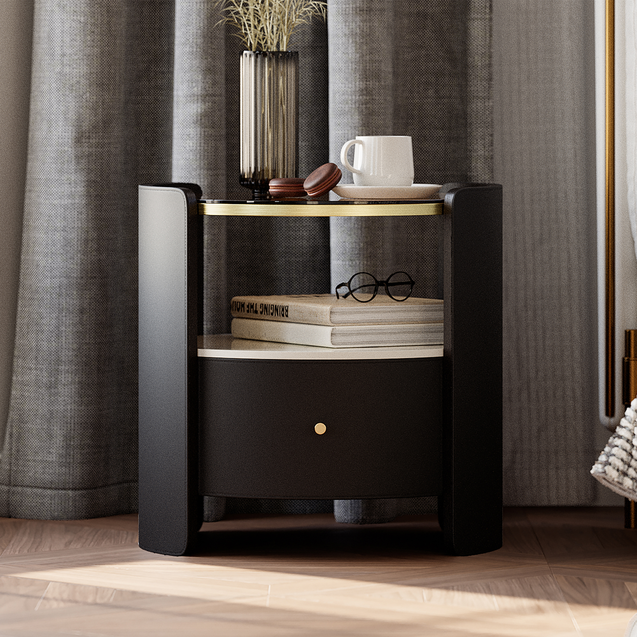 Modern Round Black Leather Bedside Table with Glass Top & Sintered Stone Bedside with Shelf