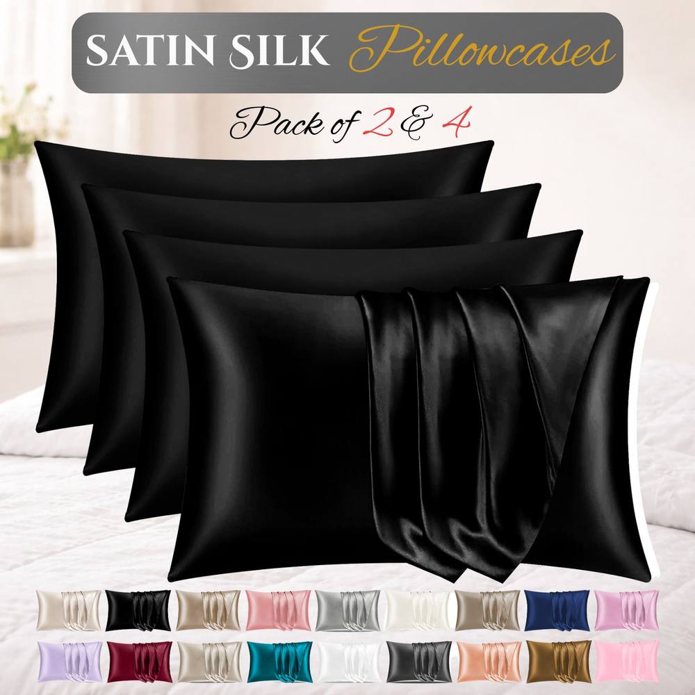 Grace Satin Silk Pillow Cases Pack of 4 Super Soft Smooth Pillow Covers in Black