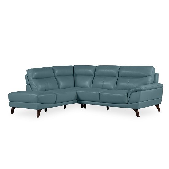 Watham Left Corner Sofa In Blue Faux Leather With Wooden Legs