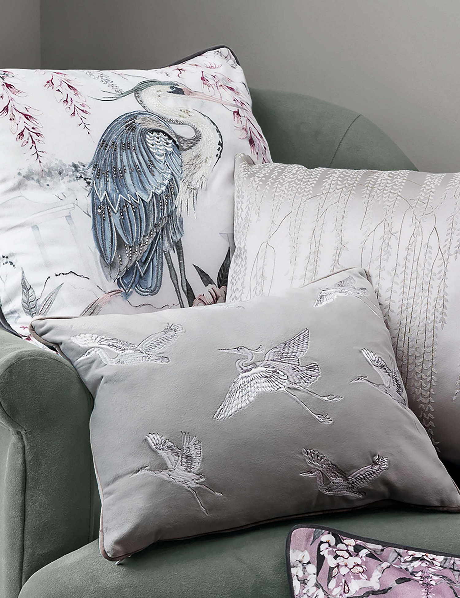 M&S Crane Embroidered Bolster Cushion