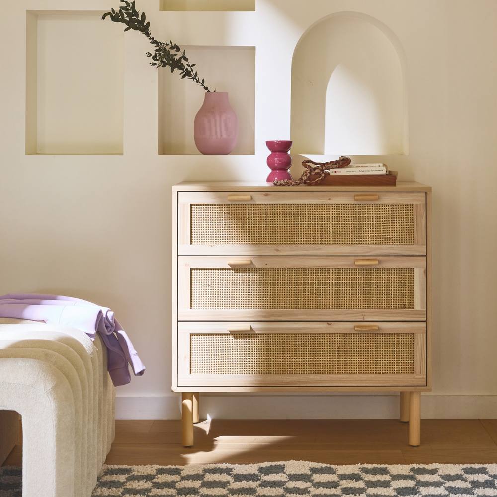 sweeek 3-drawer Chest With Cane & Wooden Effect in Light Brown