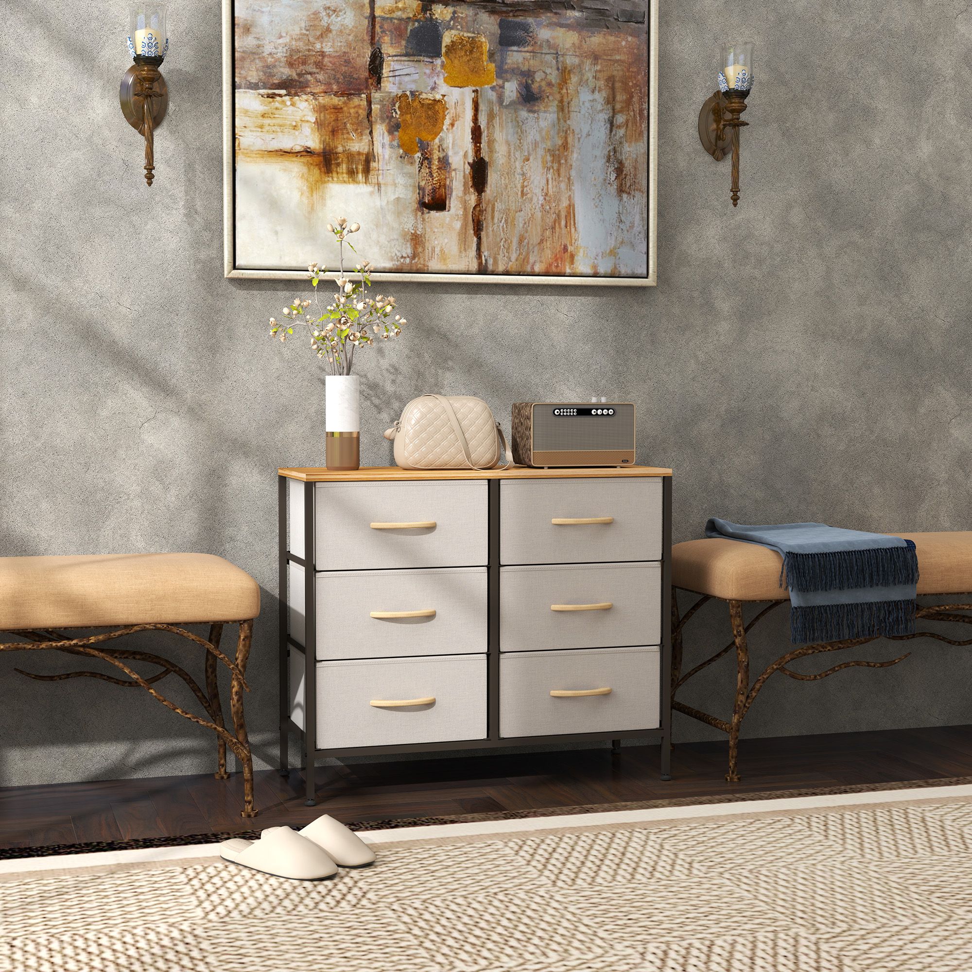 HOMCOM 6 Drawer Fabric Chest of Drawers w/ Wooden Top for Hallway Cream in Off-White