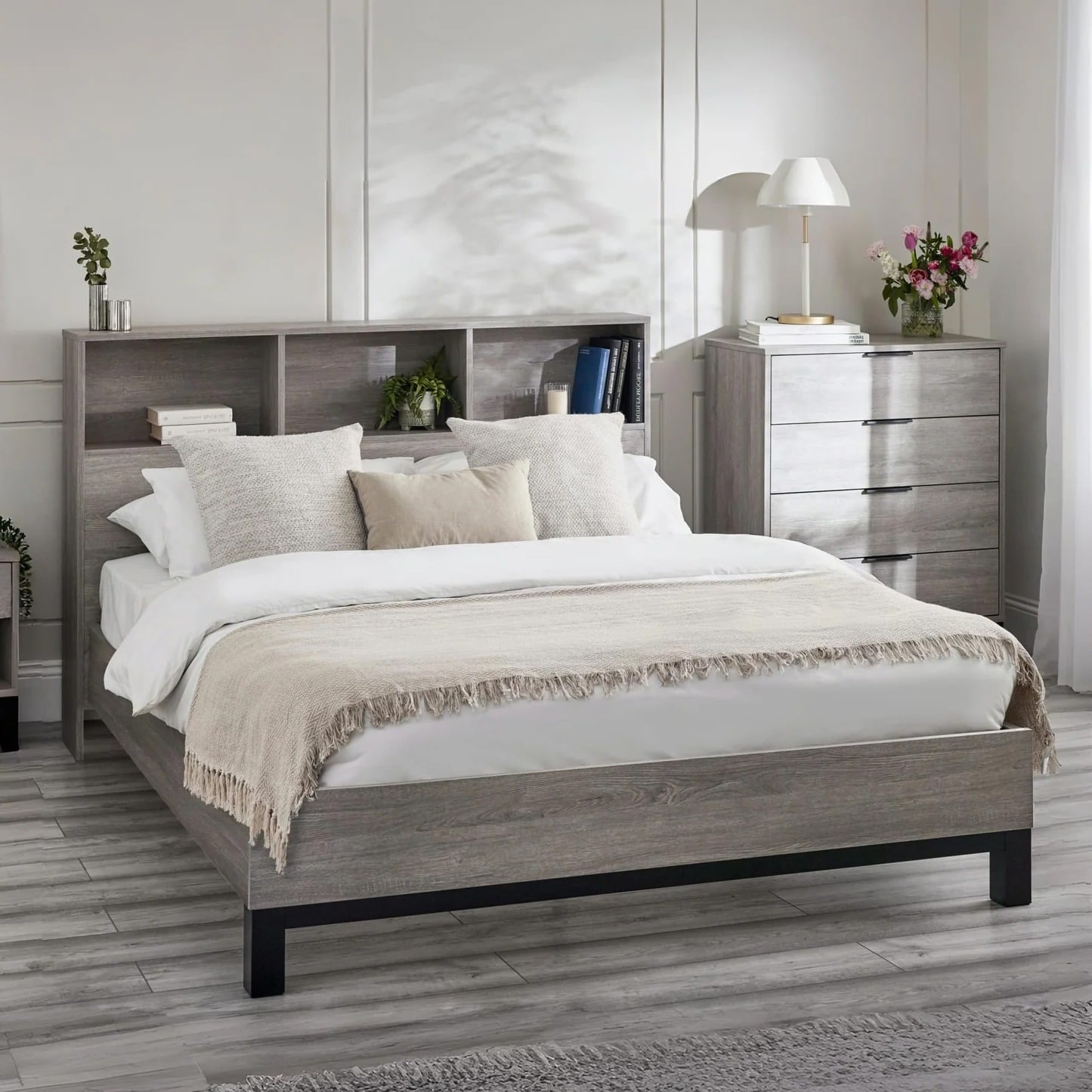 Bali – King Size– Bookcase Storage Bed – Grey Oak – Wooden – 5ft - Happy Beds