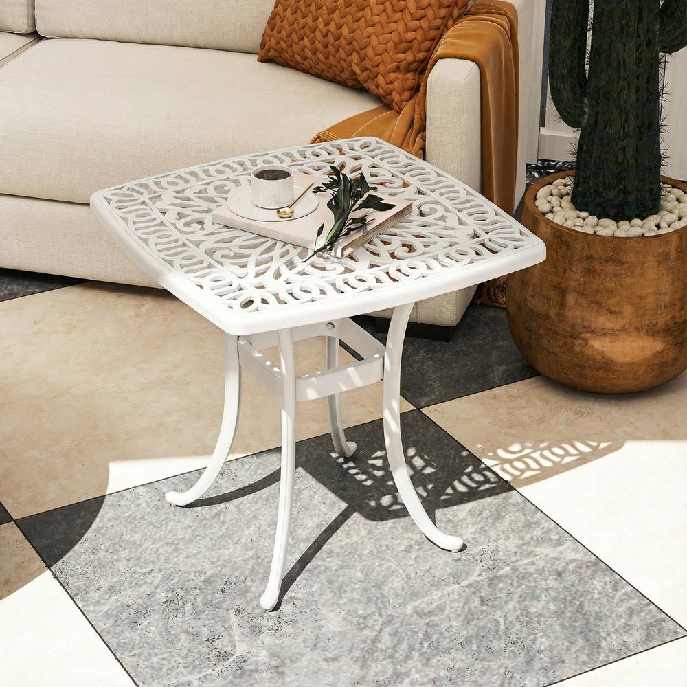 OUTSUNNY 54 x 54cm Aluminium Outdoor Garden Side Table w/ Umbrella Hole, White