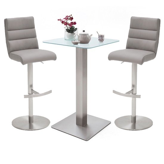 Soho White Glass Bar Table With 2 Hiulia Ice Grey Stools