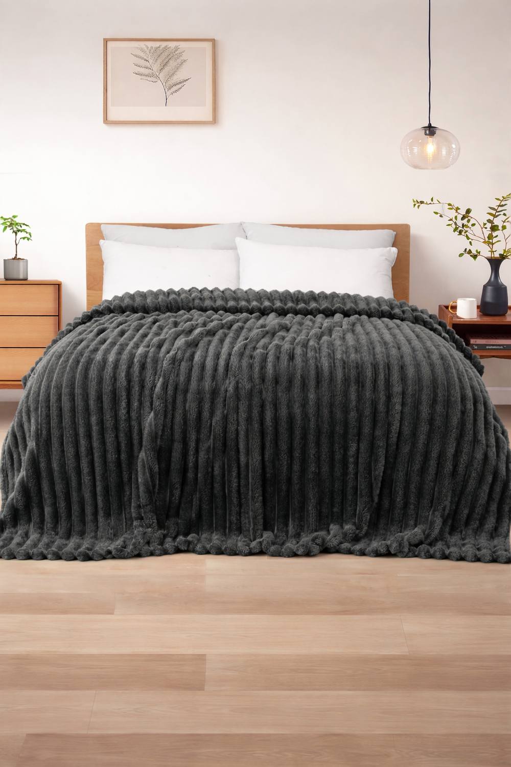 Dyzi Supersoft Ribbed Fleece Throw Blanket for Couch & Bed - Cozy Jacquard Home Blanket in Dark Grey