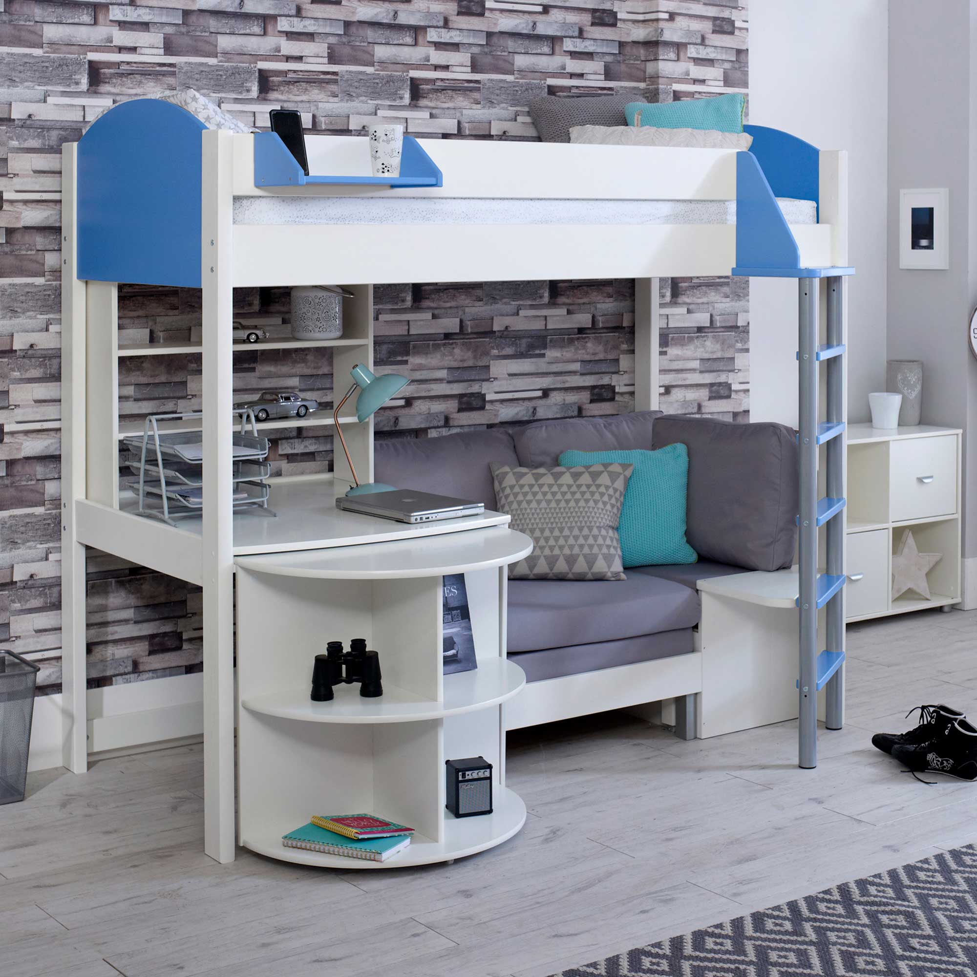 Nova E Childrens Highsleeper Bed with pull out Desk, Bookcase and Futon