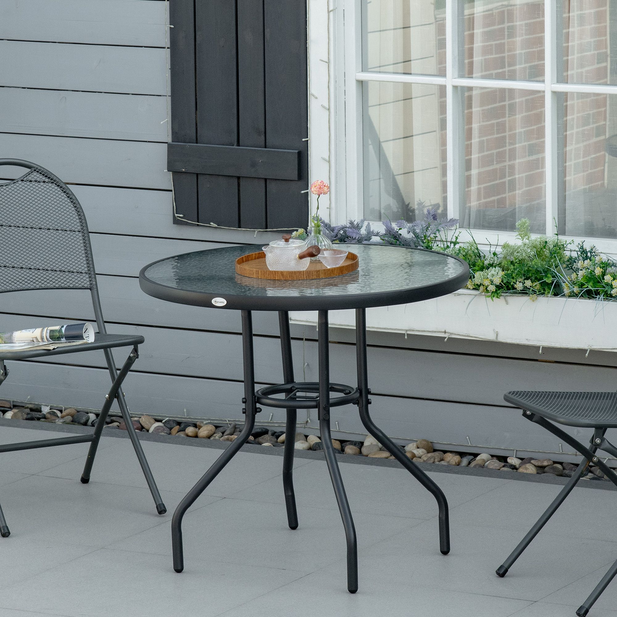 OUTSUNNY Outdoor Round Dining Table Tempered Glass Top w/ Parasol Hole 80cm in Black
