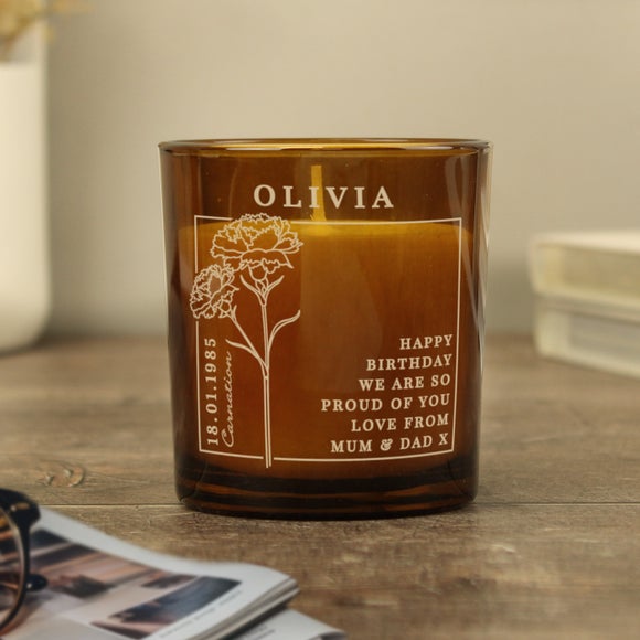 Personalised January Birth Flower Glass Candle