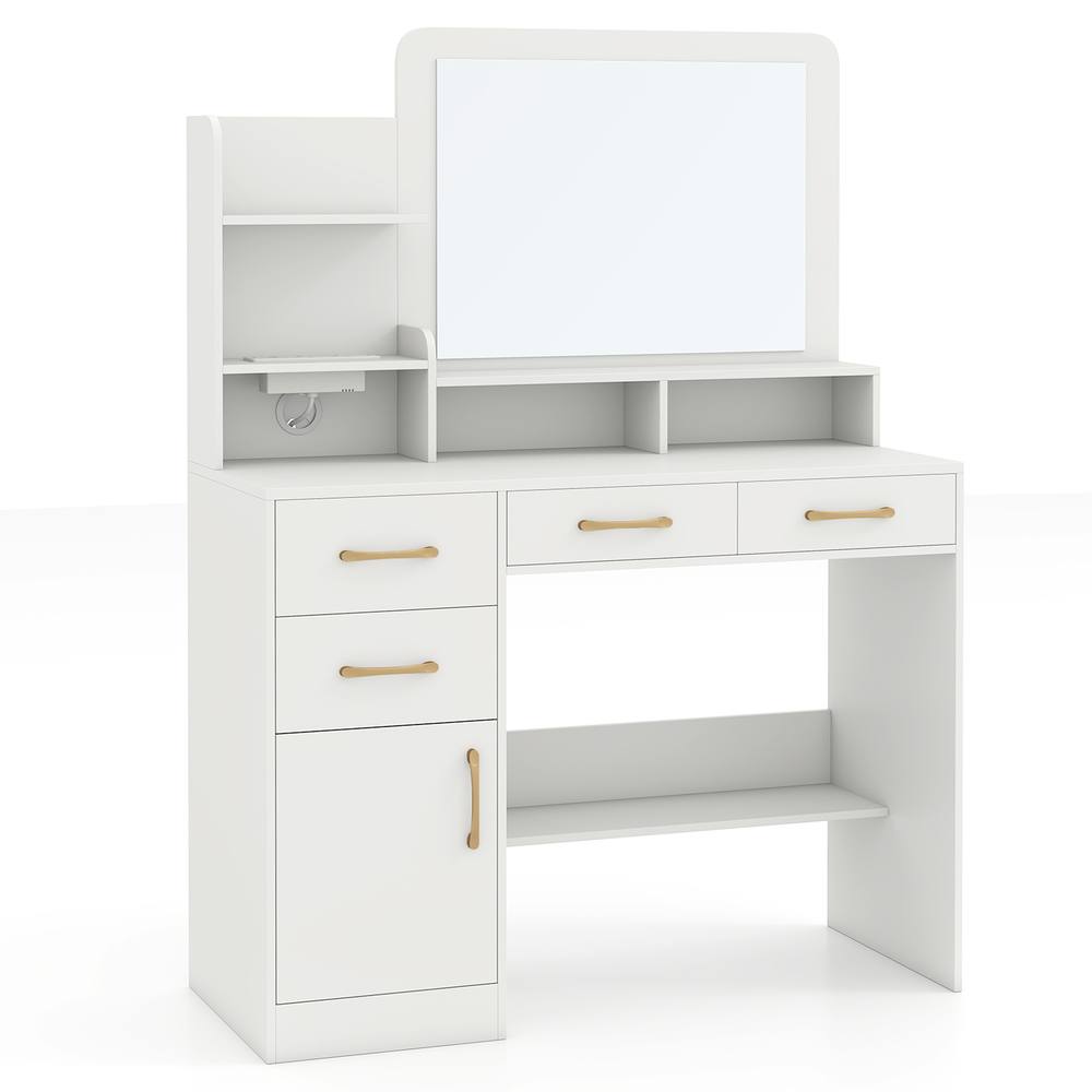 Costway Modern Dressing Desk Makeup Table Vanity Table w/ Cabinet & Mirror in White