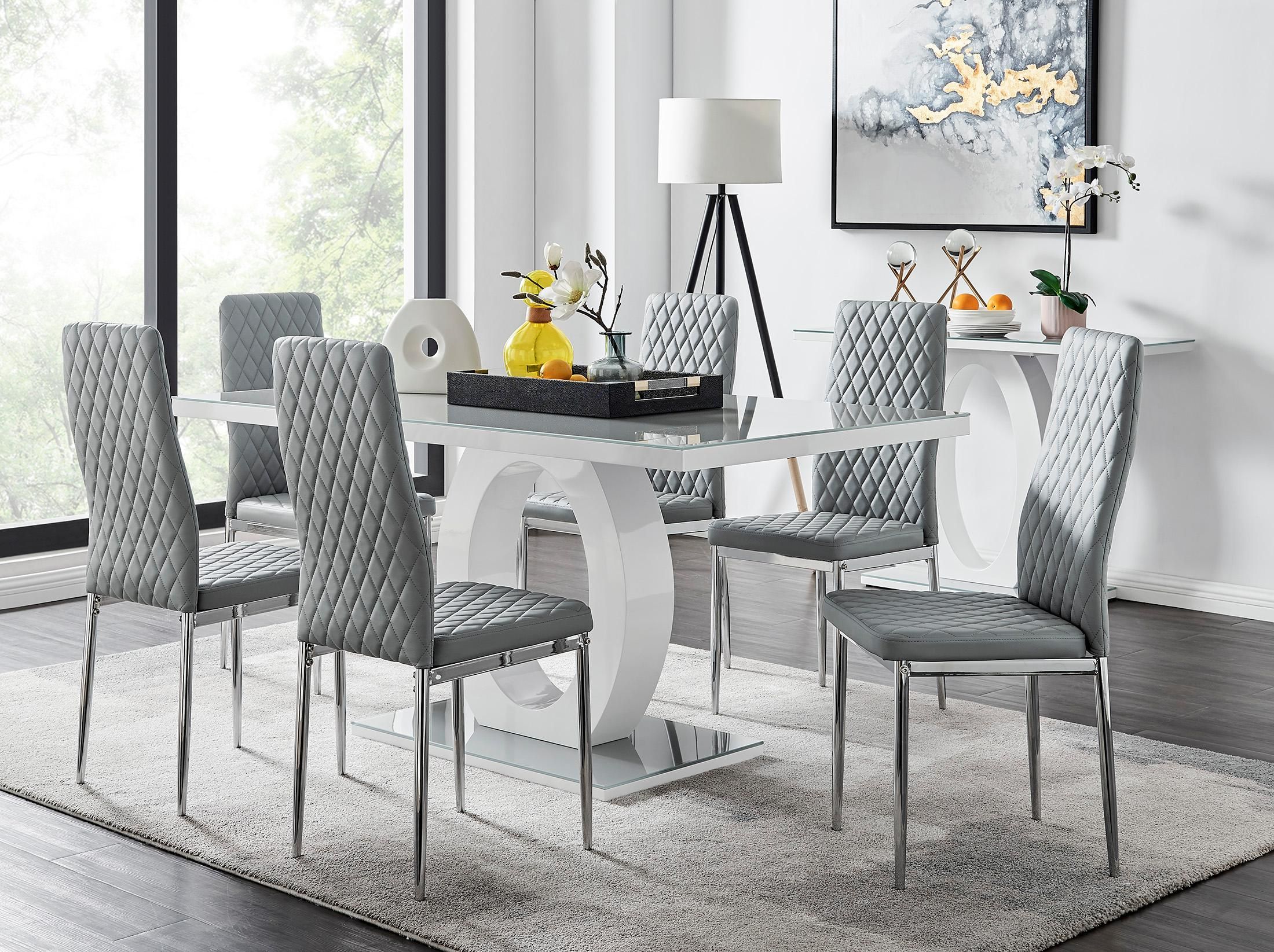 FurnitureboxUK Giovani 6-Seater Grey Glass Dining Table & 6 Milan Faux Leather Dining Chairs
