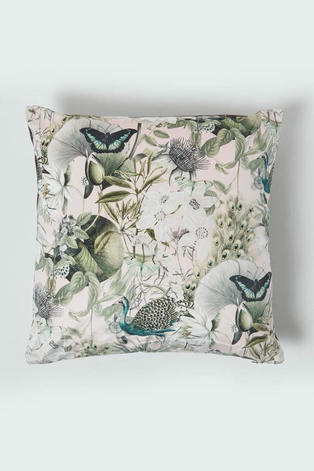 Homescapes Floral Butterfly Garden Grey Cushion 46 x 46 cm in Pink