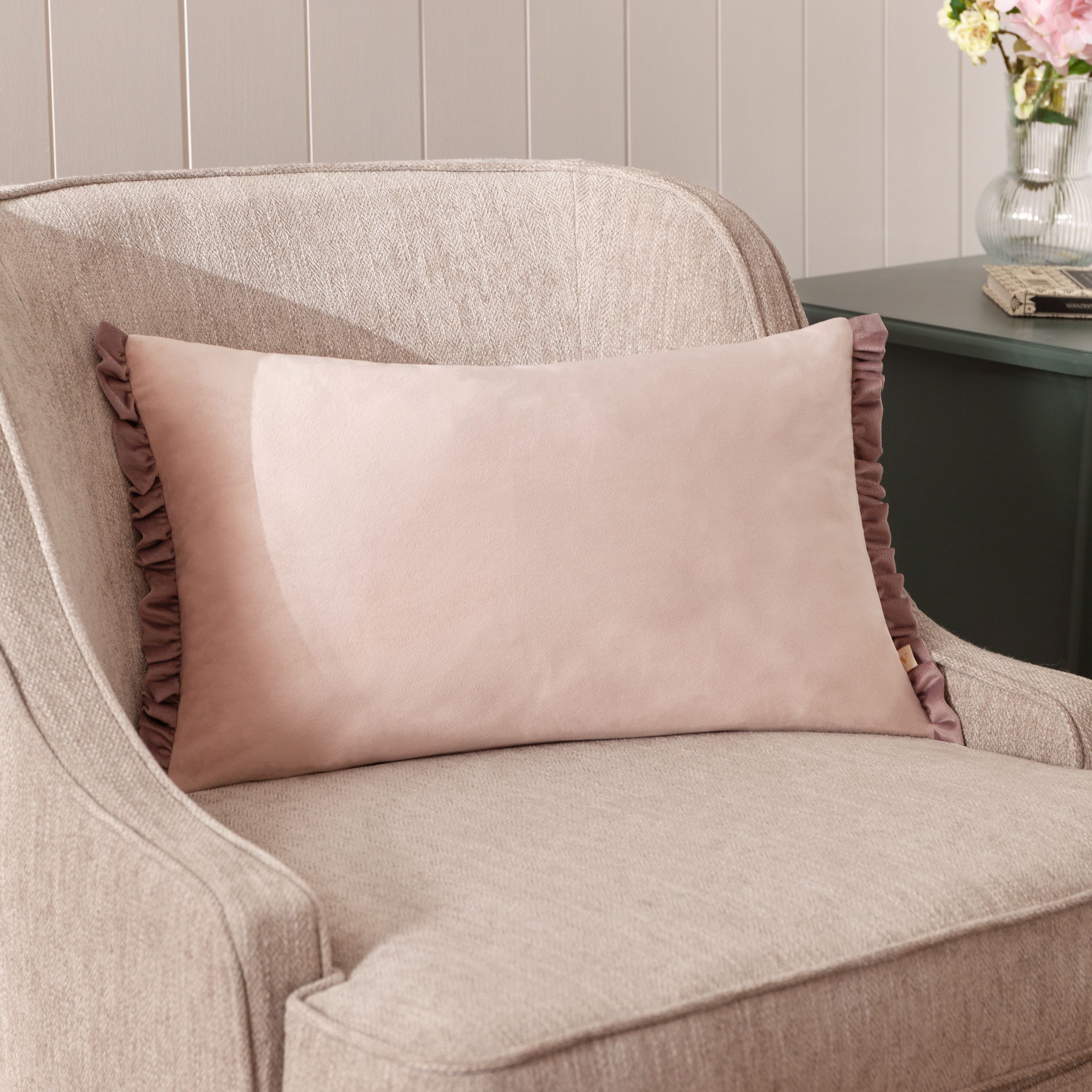 Wylder Tilly Velvet Frill Reversible Cushion in Pale Pink