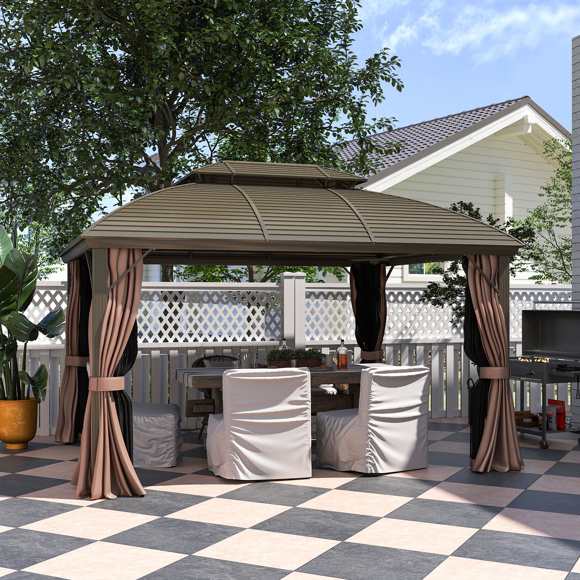 OUTSUNNY 3.65 x 3(m) Aluminium Outdoor Gazebo w/ Hardtop Double Roof, Coffee in Brown