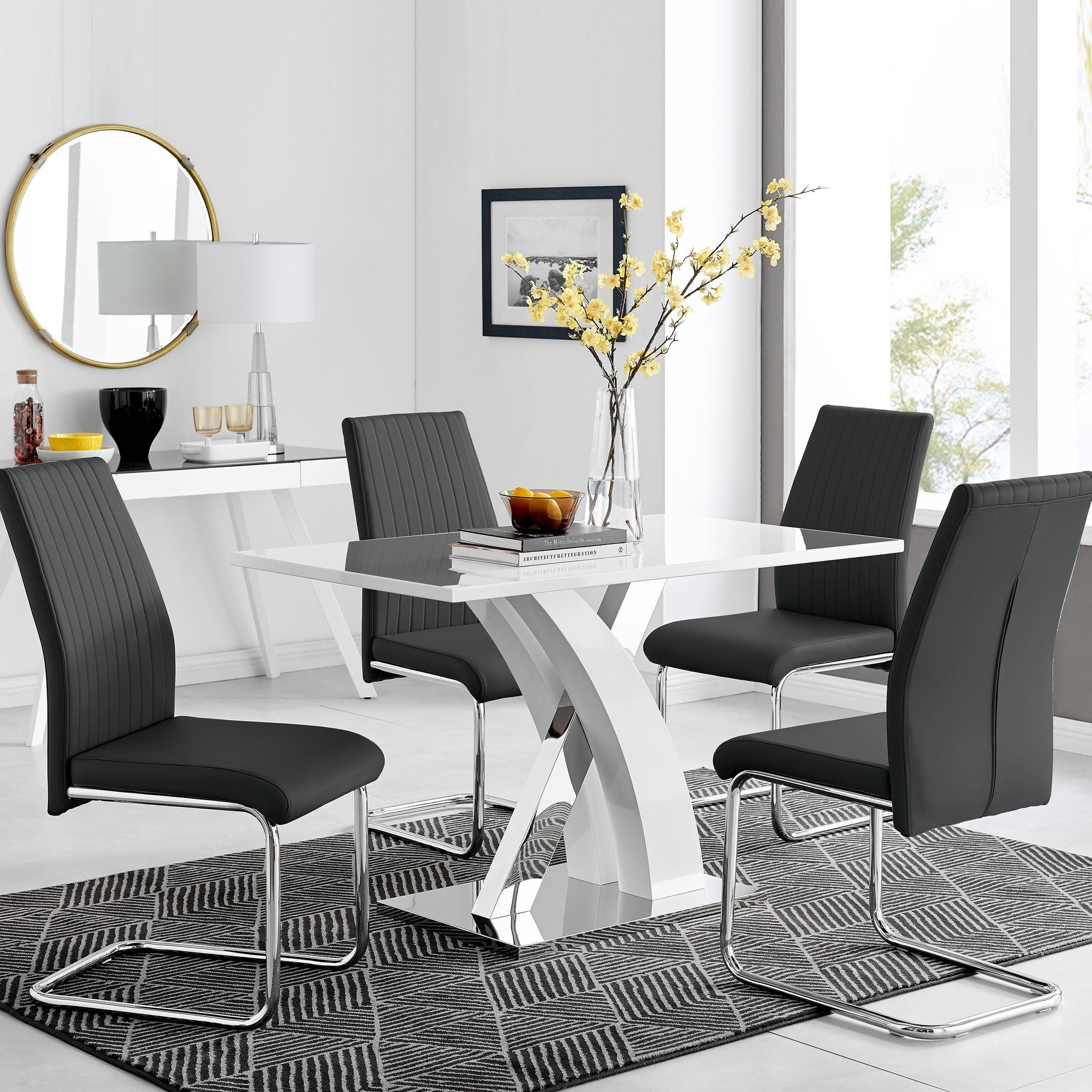 FurnitureboxUK Atlanta White High Gloss & Chrome 4 Seater Dining Table with X Shaped Legs & 4 Faux Leather Lorenzo Chairs in Black