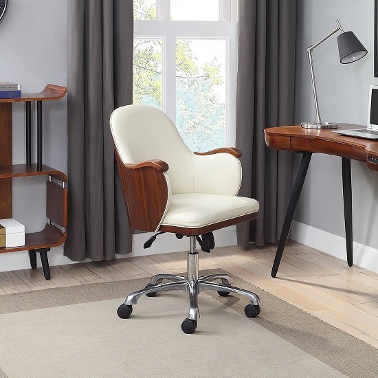 Terrence Faux Leather Office Chair In Cream And Walnut Finish