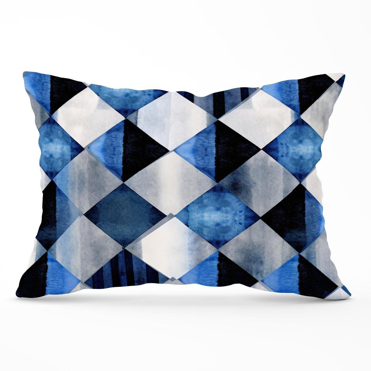 Warren Reed - Designer Square Checkered Pattern Cushions in Blue