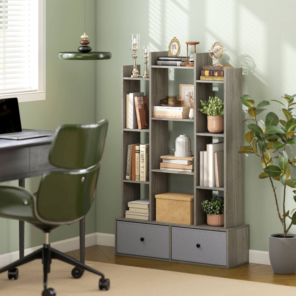 HOMCOM 12-Tier Bookshelf, Bookcase w/ 2 Folding Drawer, Graphite Wood Effect in Grey