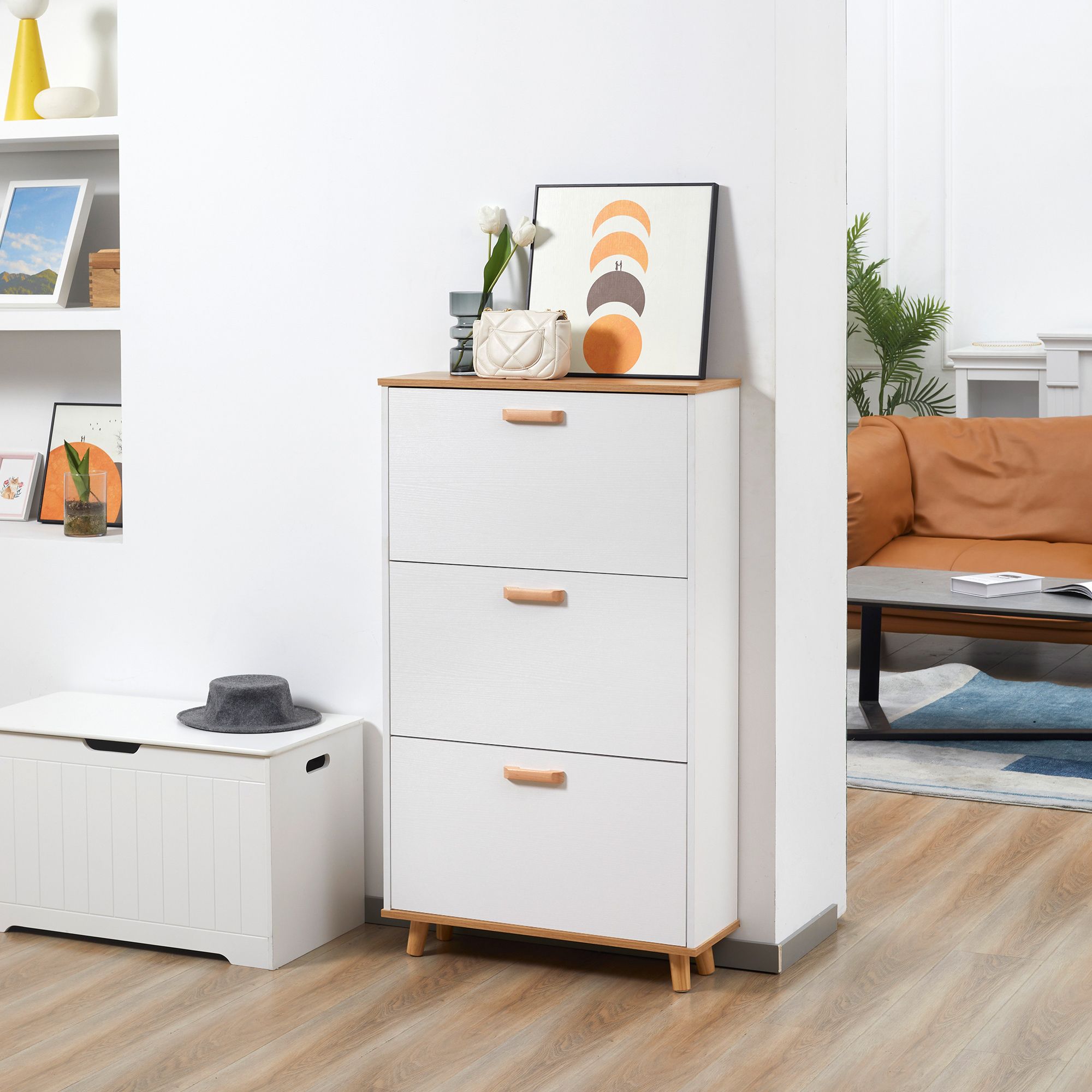 HOMCOM Slim Shoe Storage Cabinet with 3 Drawers & Adjustable Shelves for Hallway in White