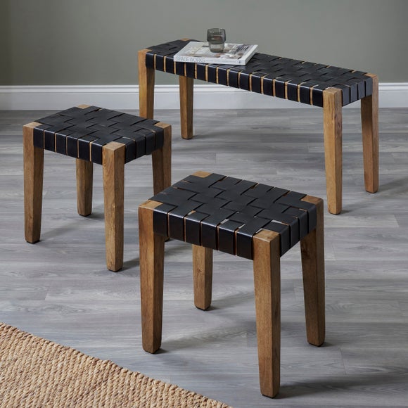 Pacific 2 Seater Claudio Leather Bench and Stools Set, Mango Wood