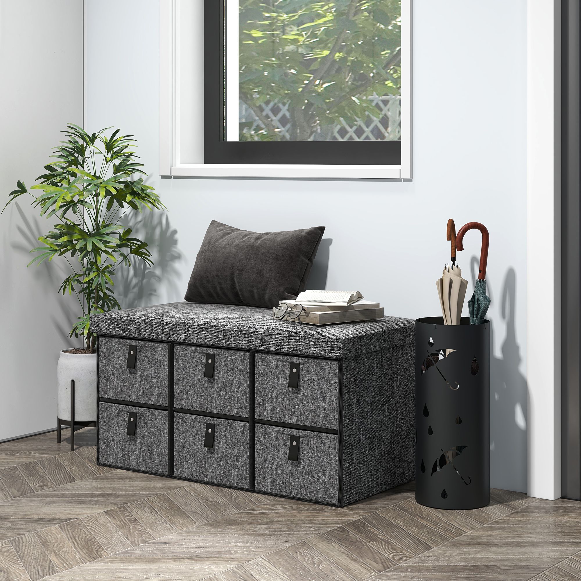 HOMCOM Shoe Bench with Cushioned Seat, 6 Fabric Drawers for Entryway Hallway in Dark Grey