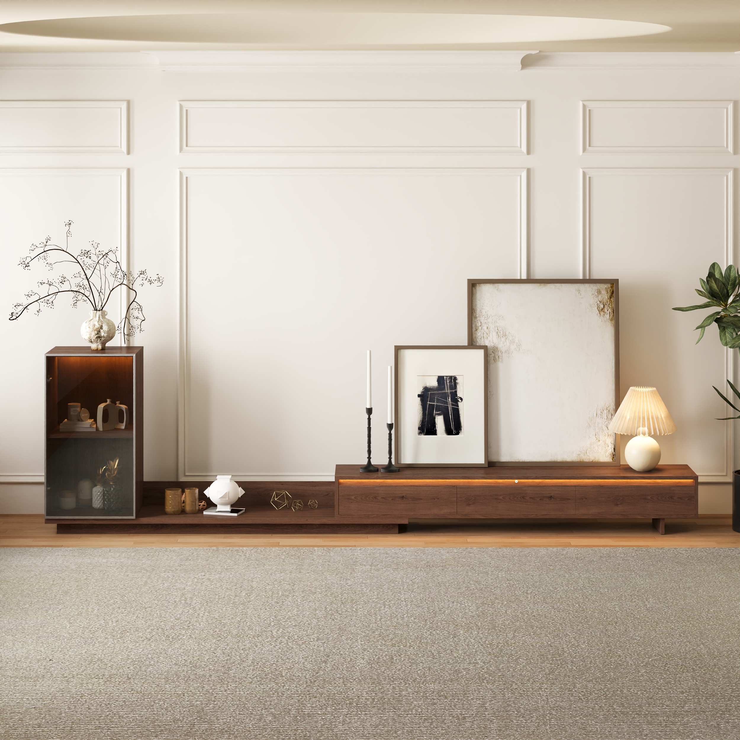 Fero Walnut Extendable TV Stand with Bookshelves & Light(250 - 390 cm)