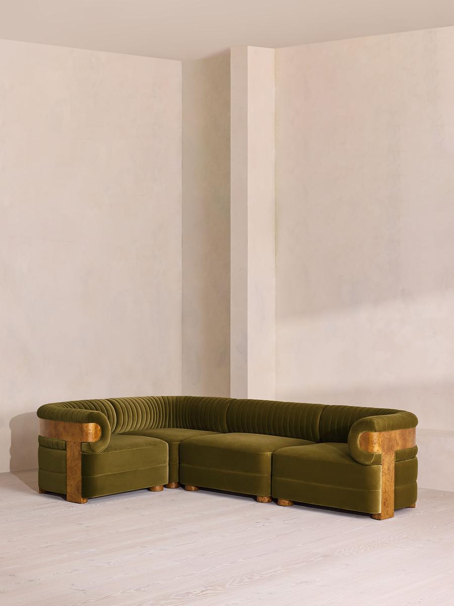 Caleb Modular L-Shape Sofa, Velvet, Olive, Dark Burl