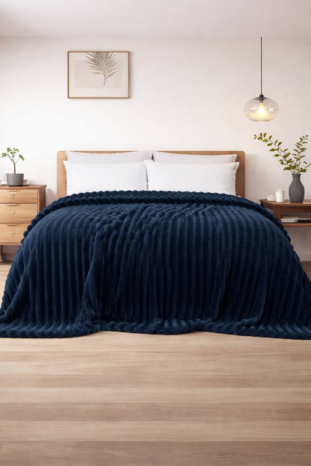 Dyzi Supersoft Ribbed Fleece Throw Blanket for Couch & Bed - Cozy Jacquard Home Blanket in Navy