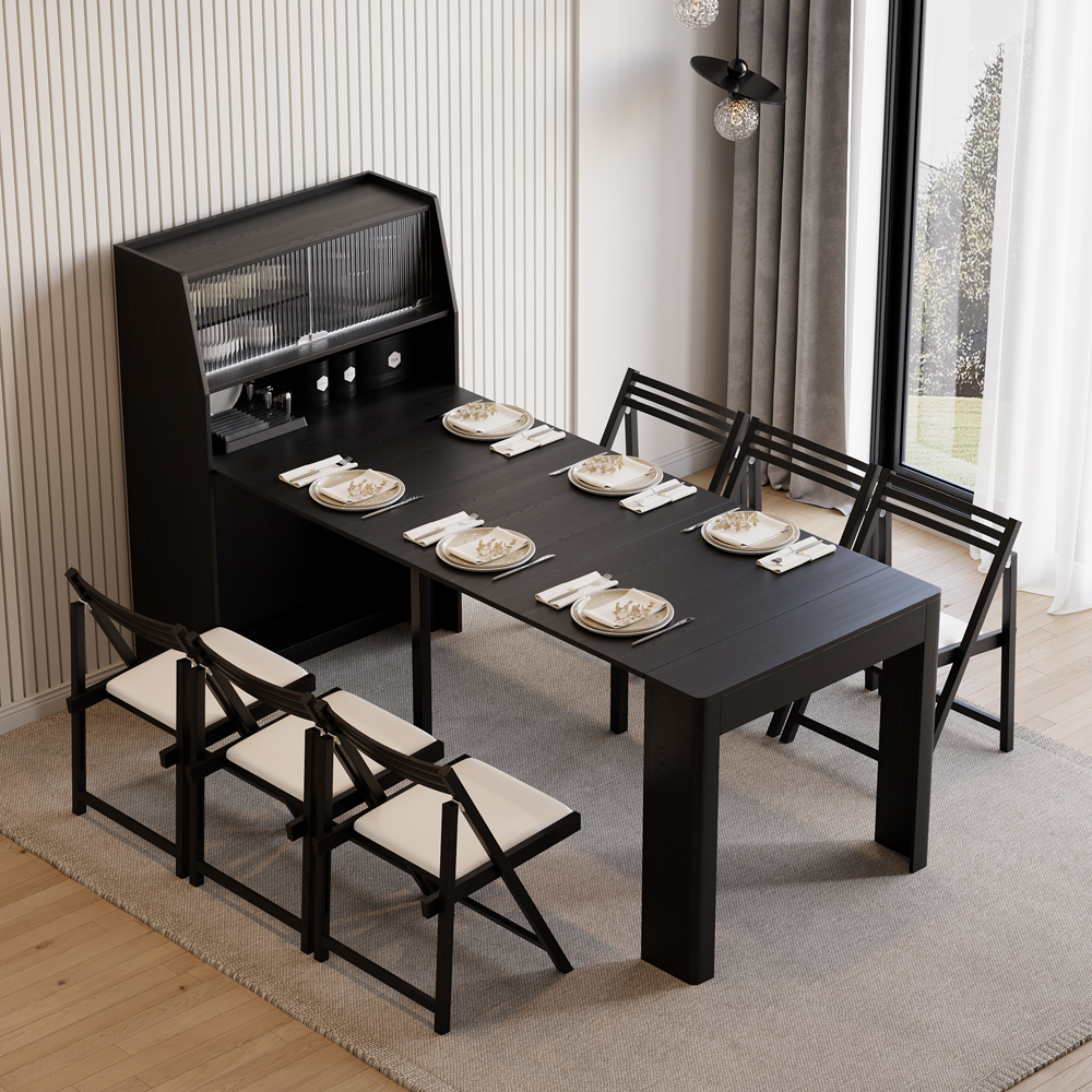 Modern Extendable Black Dining Table with Storage Rectangle Sideboard Glass Door
