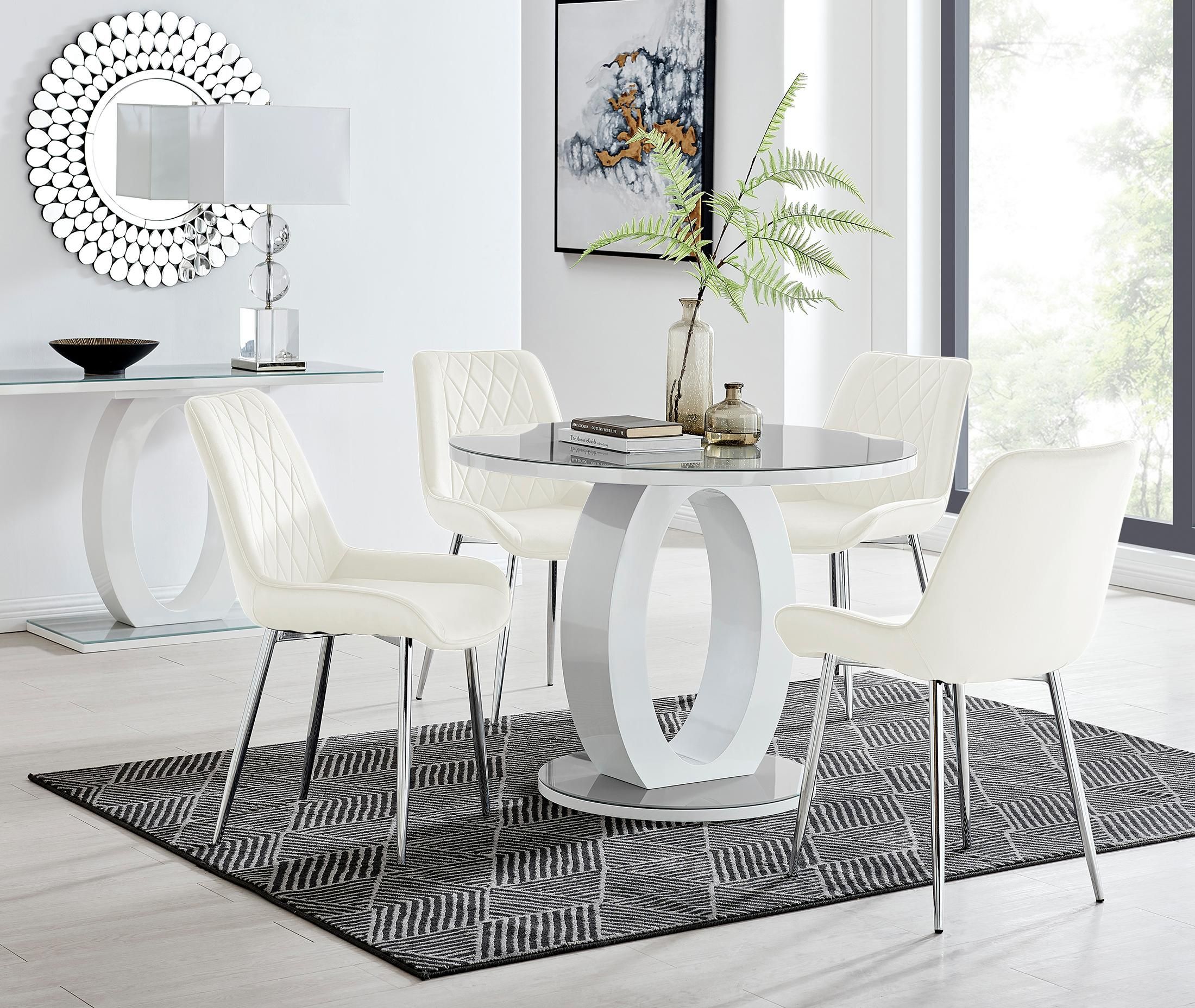 FurnitureboxUK Giovani Round 4 Seat 100cm White High Gloss Halo Base Grey Glass Top Dining Table 4 Soft Velvet Silver Leg Pesaro Chairs in Cream