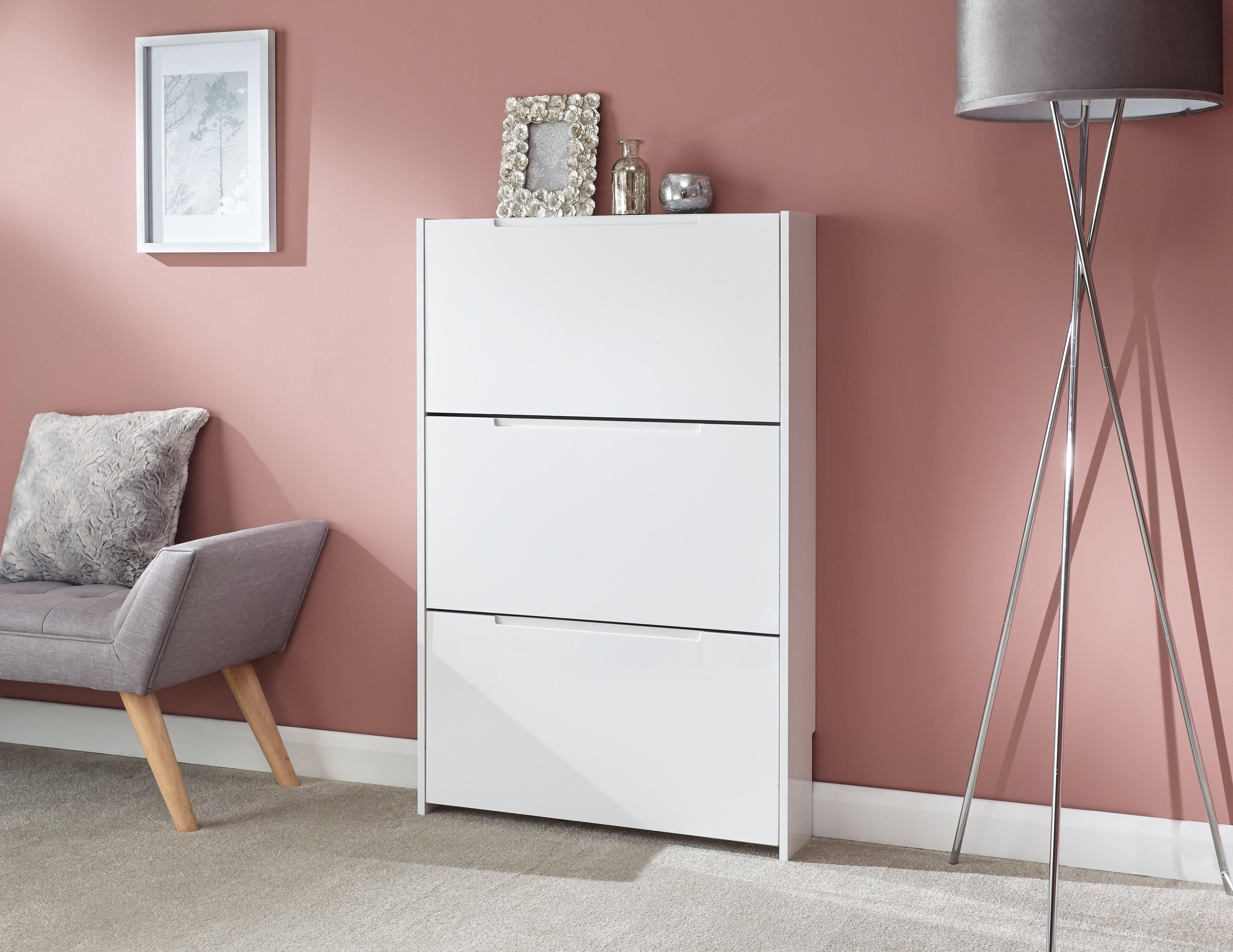 GFW Narrow High Gloss 3 Tier Shoe Cabinet in White
